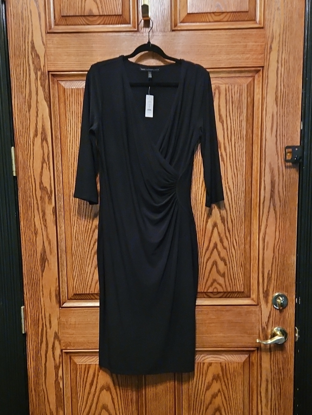 White House Black Market Black Faux-Wrap Ruched Midi Dress